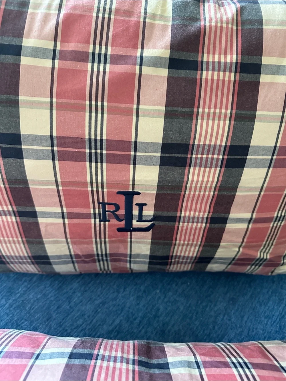 Ralph Lauren Pink & Navy Plaid Decorative Pillows with RL Monogram Set of 2